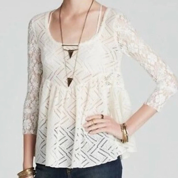 FREE PEOPLE Ivory Gracie Brushed Lace Floral Peplum Top Size Small - Picture 1 of 4